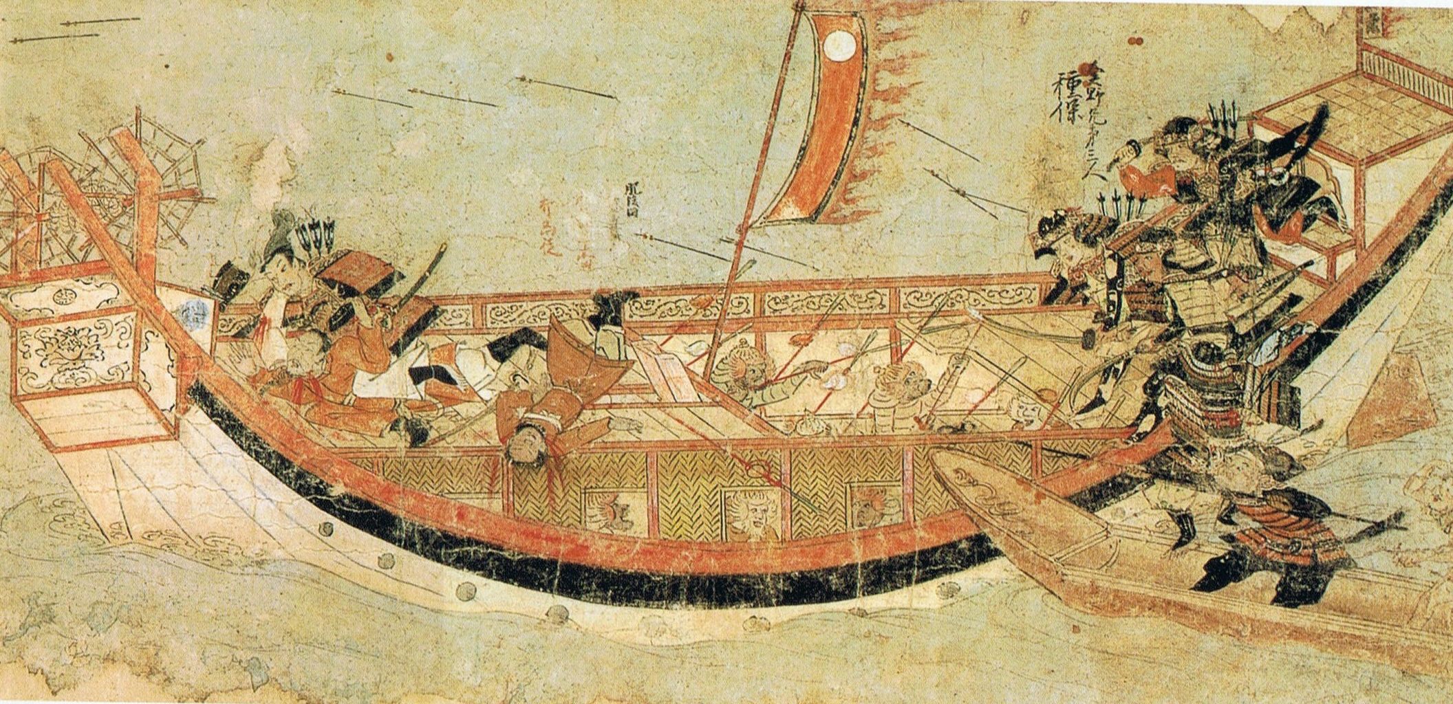 Scene from Mōko Shūrai Ekotoba (c. 1293) — Japanese samurai boarding a Mongol ship during the invasions of 1274 and 1281
